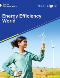 Energy Efficiency World book cover with young girl holding a plastic toy windmill standing outside near windmill farm