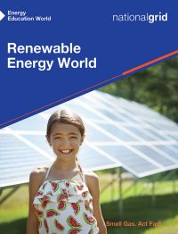 Renewable Energy World book cover with young girl smiling in front of solar grid panels
