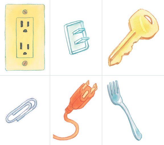 Which items are not safe to put in an electrical outlet an outlet cover, key, paper clip, plug or fork.