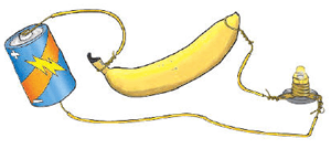 Illustration of a banana connected to a battery and mini light bulb