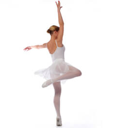 Ballerina dressed in white standing on one foot on white background