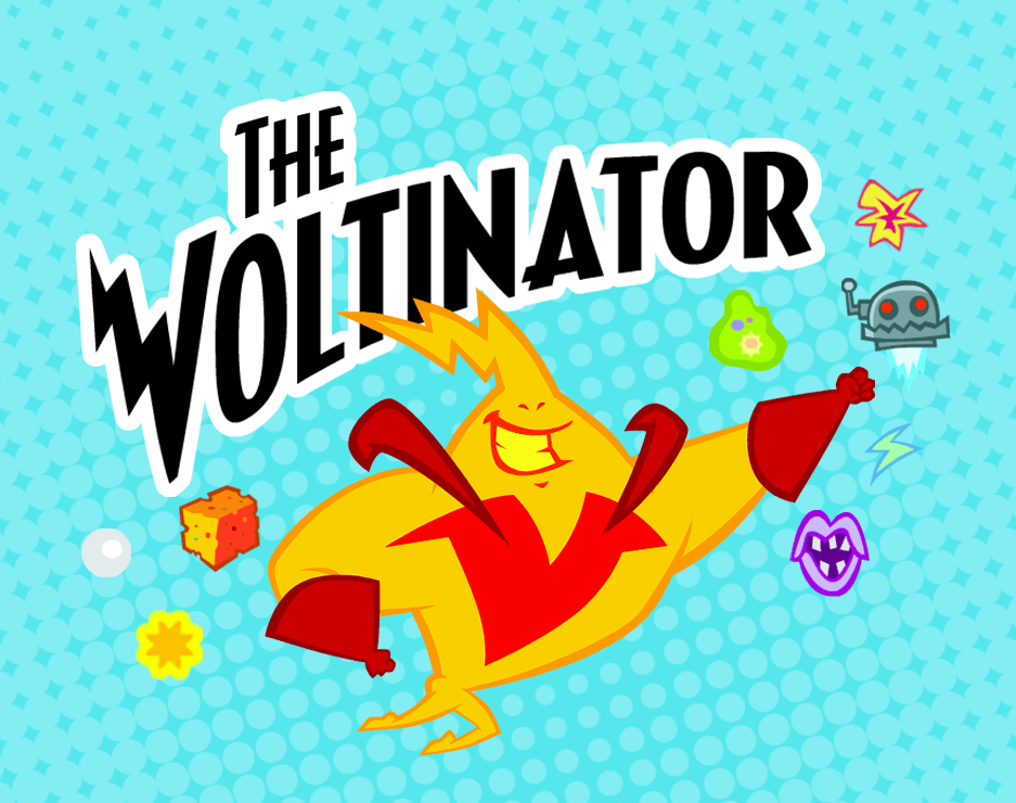 The Voltinator Game an illustrated bolt of energy cartoon character