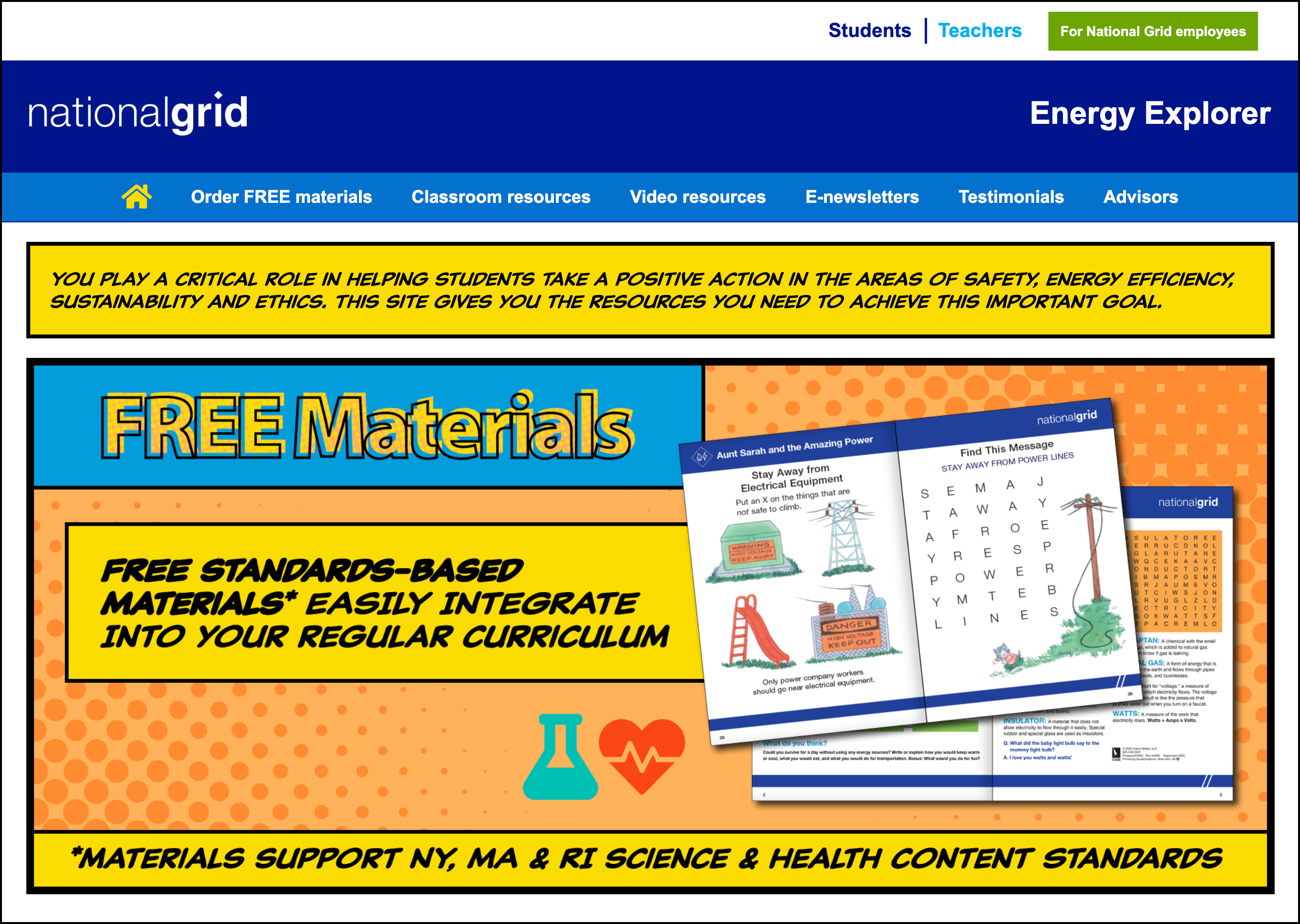 Energy Explorer website teachers landing page