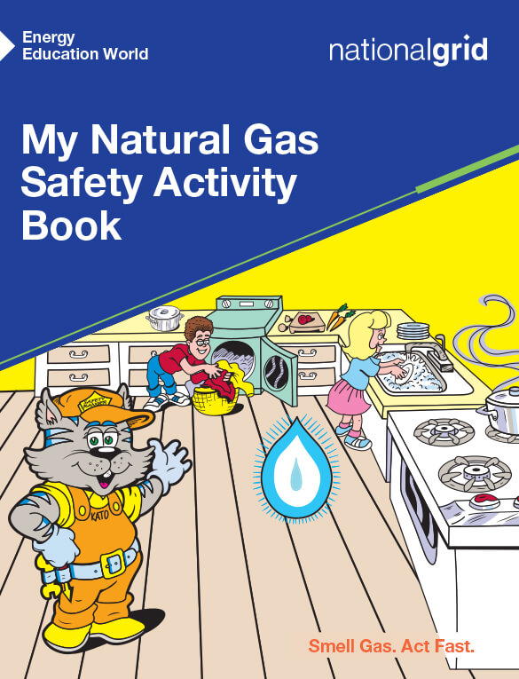 My Natural Gas Safety Activity Book cover with illustrated Kato the cat and children in kitchen doing chores