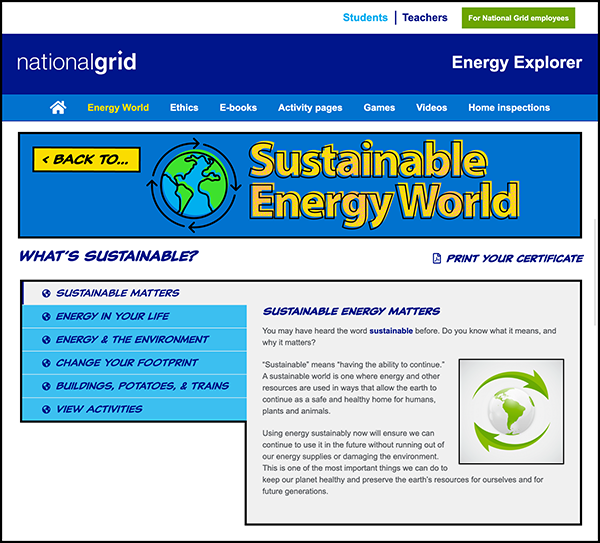 National Grid Sustainable Energy World webpage