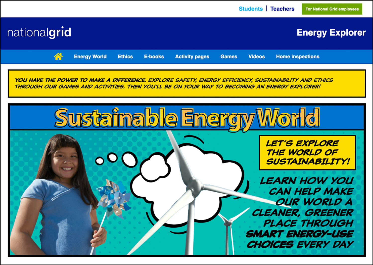 Energy Explorer website homepage with Sustainable Energy World banner