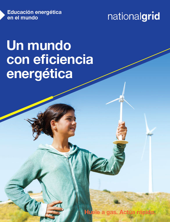 Energy Efficiency World book cover in Spanish with young girl holding a plastic toy windmill standing outside near windmill farm