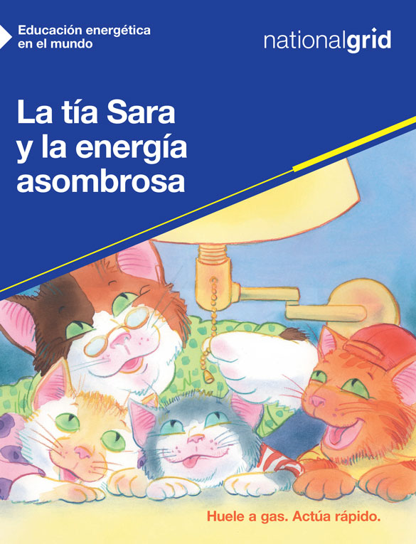 Aunt Sarah and the Amazing Power book cover in Spanish with illustrated group of cats lying under a light