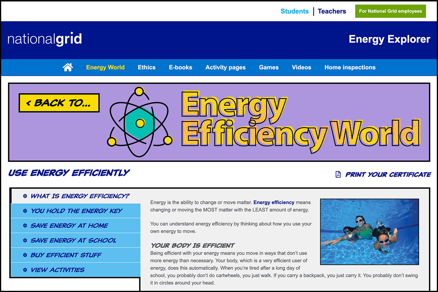 National Grid Energy Explorer website landing page for Energy Efficiency World