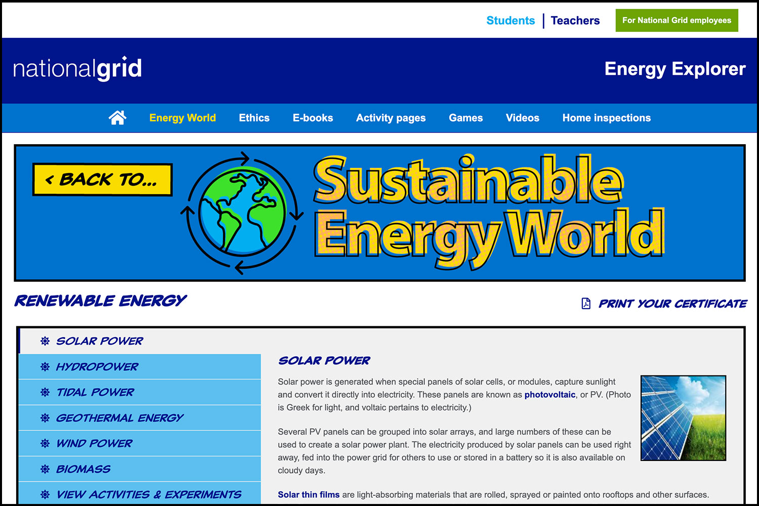 National Grid Energy Explorer website landing page for Sustainable Energy World