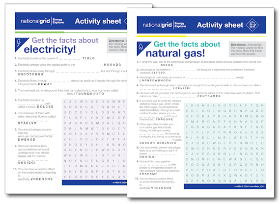 Electricty and natural gas word search activity sheets