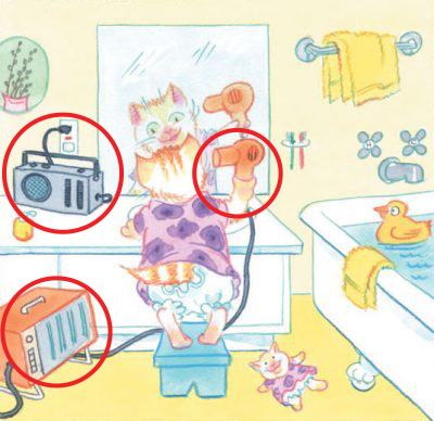 Cat in bathroom using hair dryer radio and heater next to a bathtub filled with water.